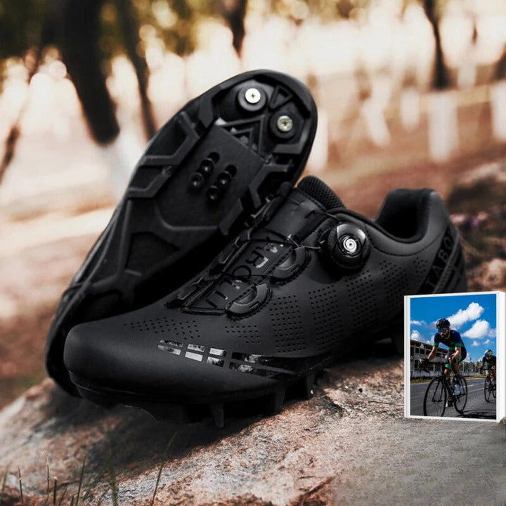 Men's black SPD road cycling shoes; lightweight, comfortable & compatible for long-distance rides.