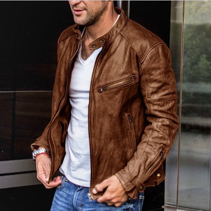 Brown men's durable weatherproof jacket. Versatile outerwear for all seasons, suitable for fall fashion.