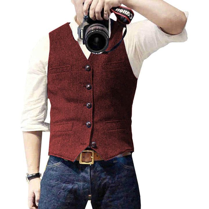 Close-up of a men's stylish wool blend vest showing texture and button details.