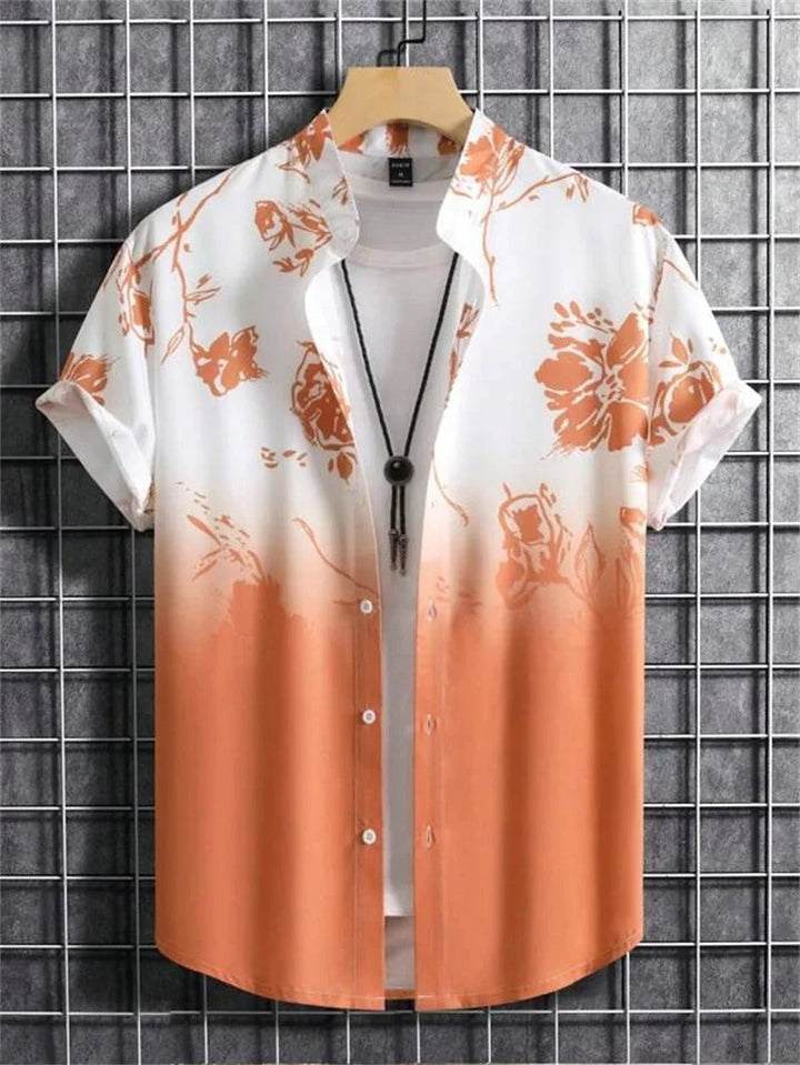 Men's vibrant floral print short-sleeve collared shirt, perfect for summer casual wear.