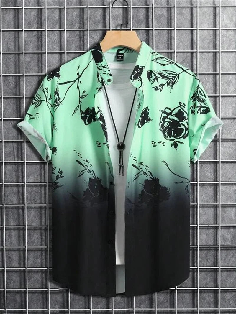 Chic men's short-sleeve floral pattern shirt, collared and button-up for summer style.
