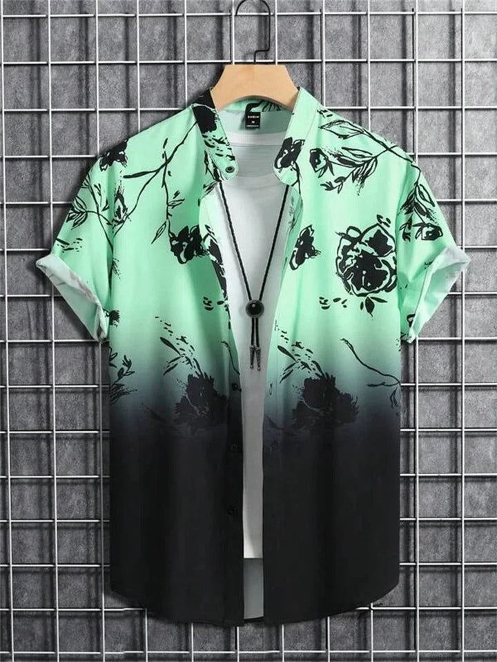 Chic men's short-sleeve floral pattern shirt, collared and button-up for summer style.