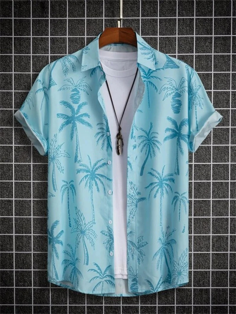 Men's tropical floral print short-sleeve collared shirt, great for summer vacation.