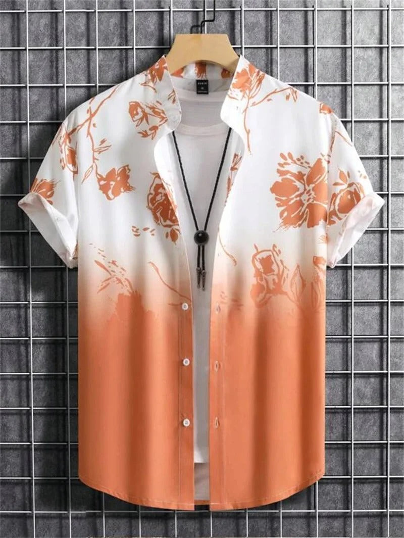 Stylish men's short-sleeve collared shirt with vibrant floral pattern, ideal for casual summer.