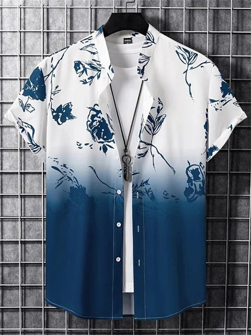 Breathable men's floral print summer shirt with a classic collar and short sleeves.