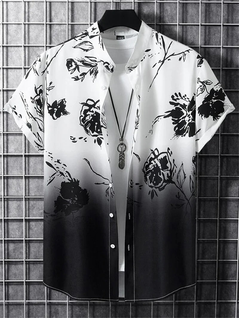 Casual men's floral print button-up shirt, short-sleeve & collared, for a relaxed summer look.