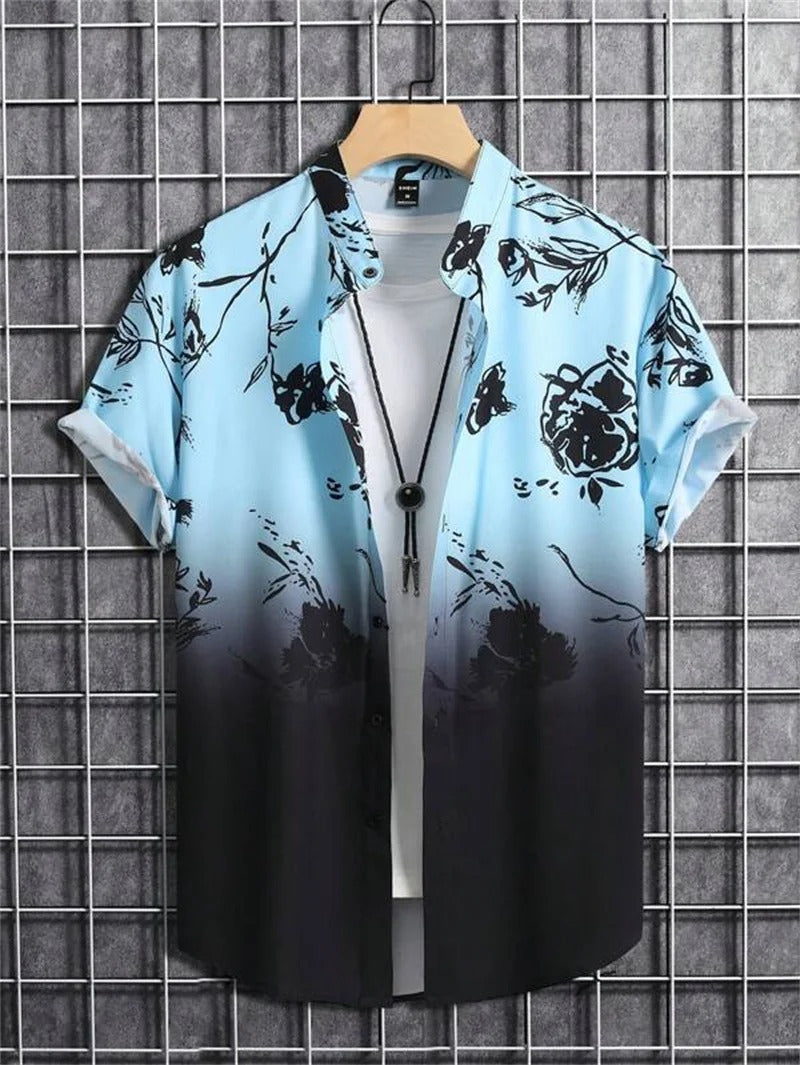Men's relaxed fit floral print summer shirt with a classic collar and short sleeves.