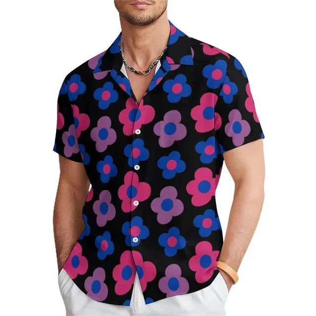 Men's vibrant floral print summer shirt with a stylish notched collar & short sleeves, perfect for casual vacation wear.