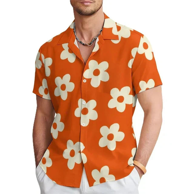 Stylish men's short sleeve floral print button-up shirt, featuring a notched collar, ideal for summer fashion & beach.
