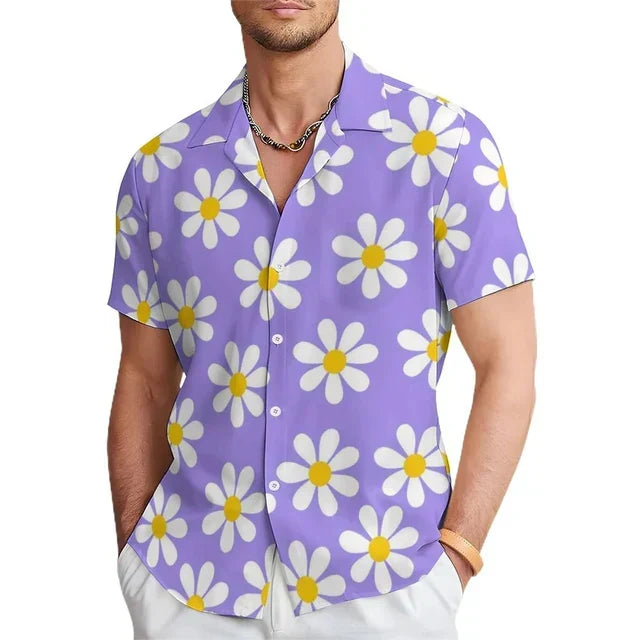 Casual men's summer shirt with a bold floral print & notched collar, a trendy short-sleeve button-up for vacation.