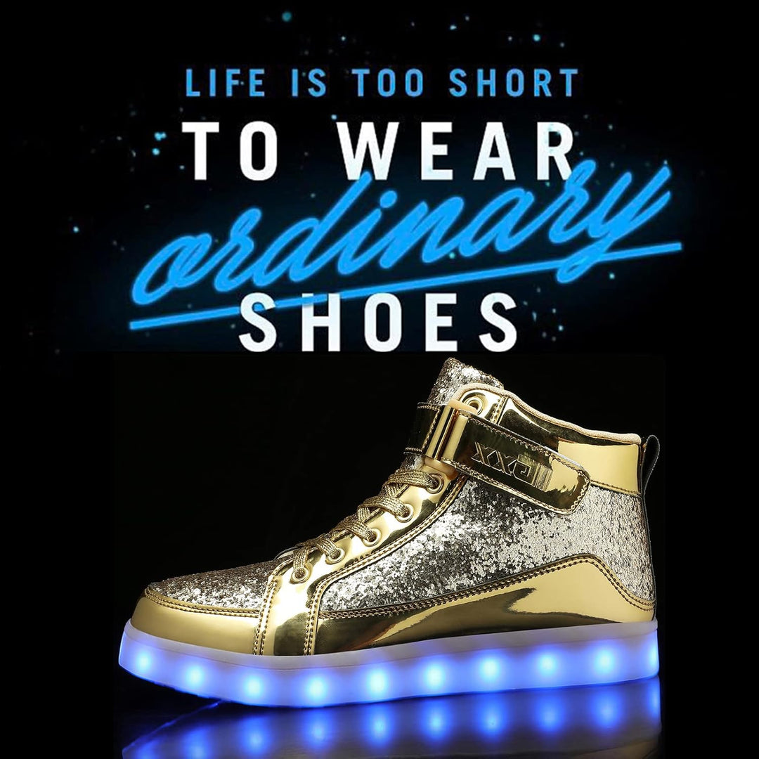 Vibrant men's LED sneakers. Rechargeable light-up footwear for trendy festival wear.