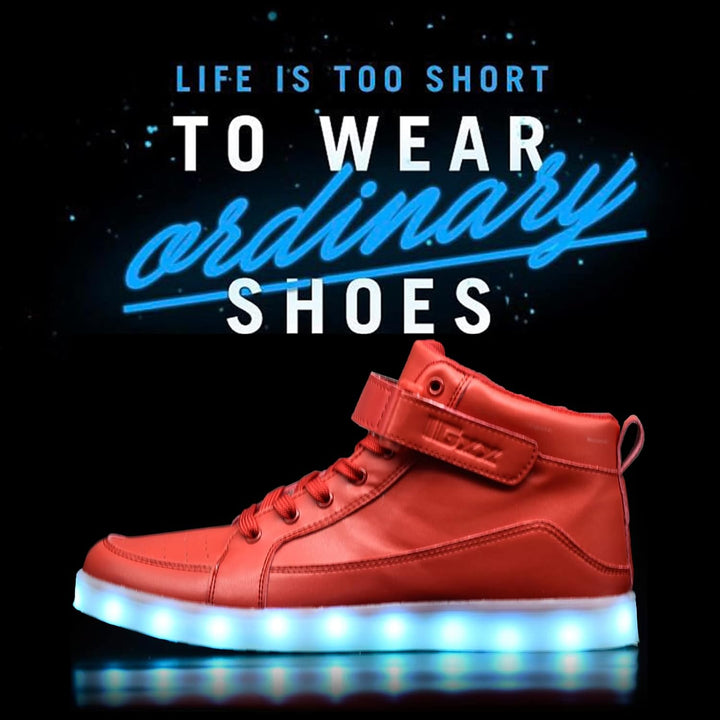 Trendy men's glowing sneakers with multi-color LED lights. USB rechargeable footwear.