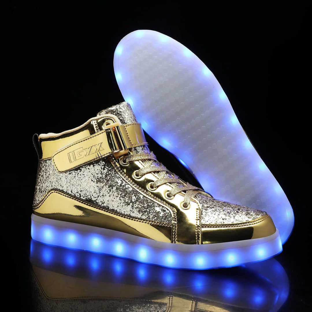 Glowing men's party sneakers. Fashionable USB rechargeable LED footwear.