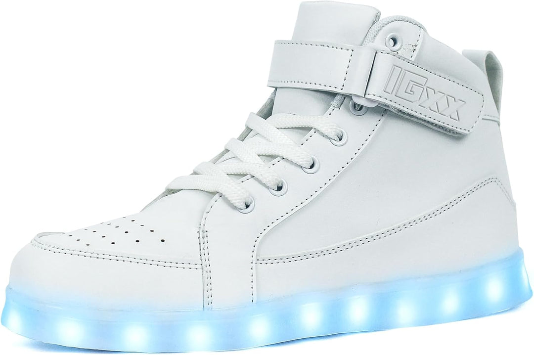 Men's vibrant light-up sneakers. Rechargeable LED shoes for trendy festival fashion.