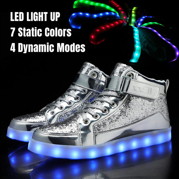 Unique men's rechargeable LED sneakers. Vibrant light-up footwear for festivals.