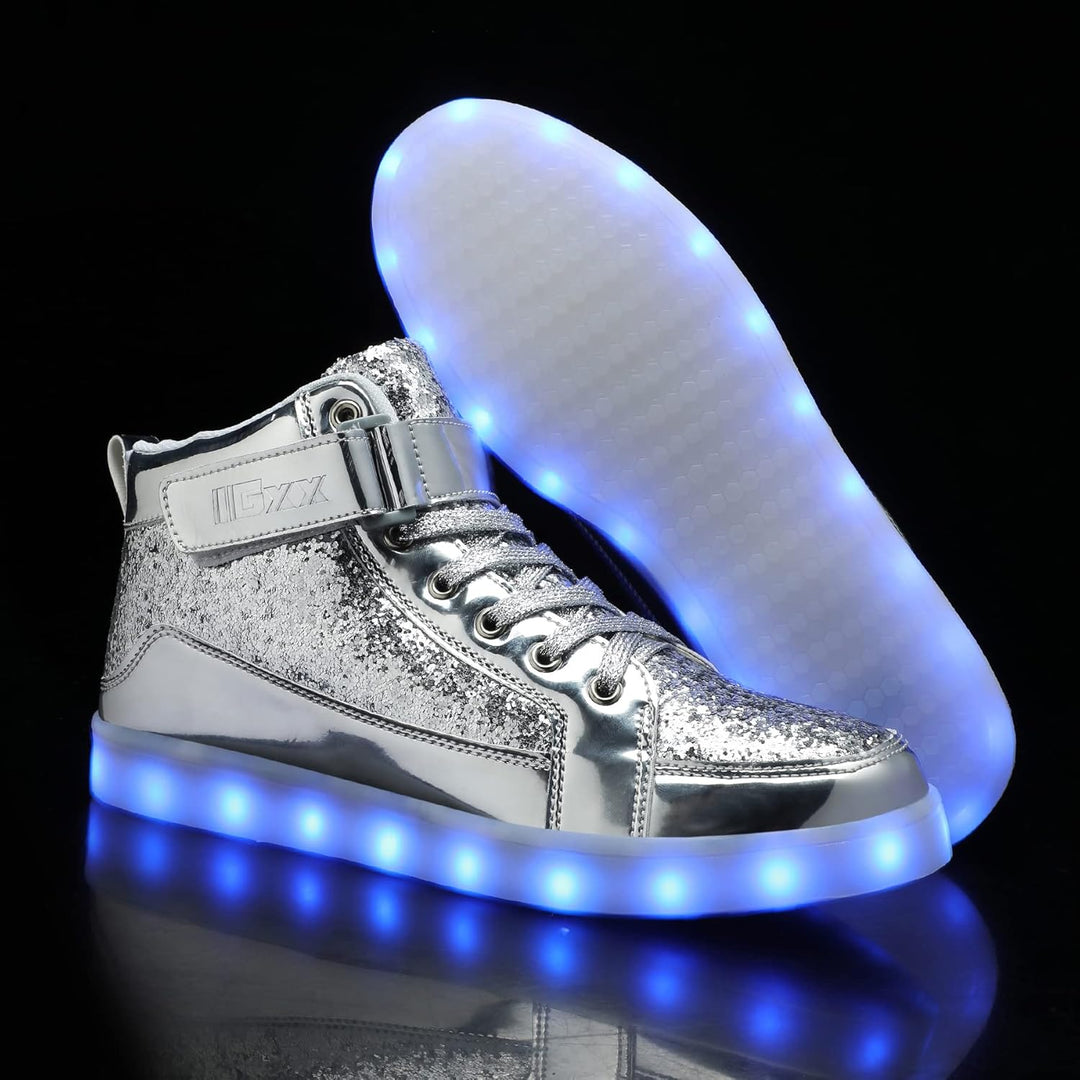 Men's vibrant LED fashion sneakers. Rechargeable light-up shoes for festivals.