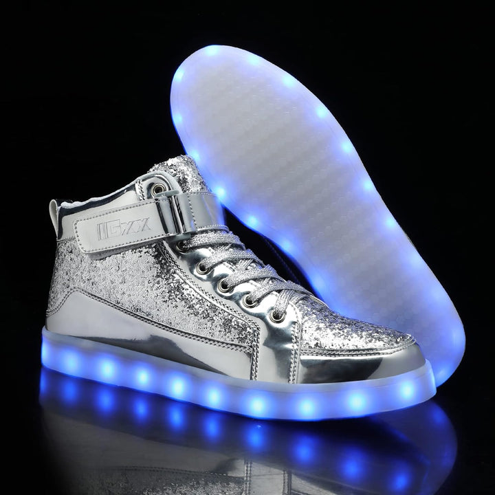 Men's vibrant LED fashion sneakers. Rechargeable light-up shoes for festivals.