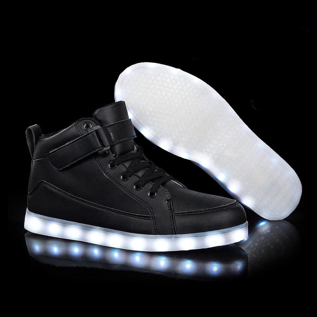 Men's vibrant rechargeable LED sneakers. Glowing light-up shoes for unique style.