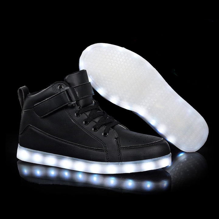 Men's vibrant rechargeable LED sneakers. Glowing light-up shoes for unique style.