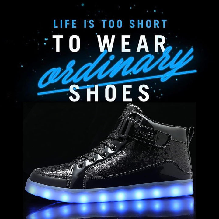 Men's fashion LED light-up sneakers. Glowing rechargeable shoes for parties.