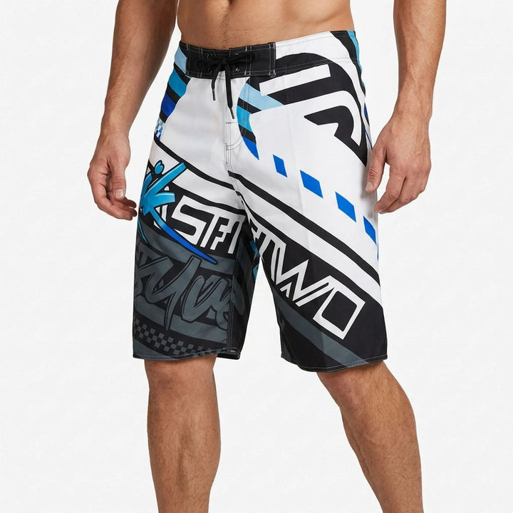 Men's quick-dry boardshorts with a vibrant geometric print. Ideal for active swimwear & beach.