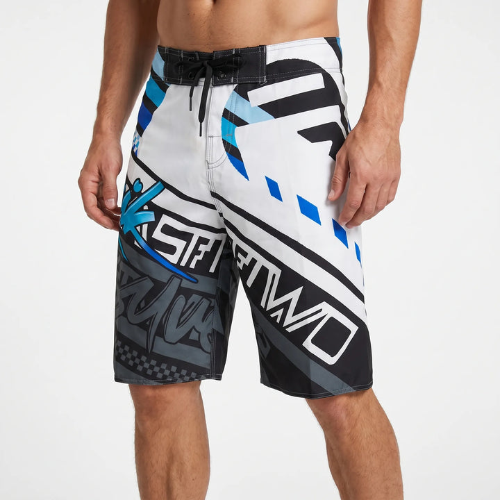 Men's vibrant printed swim shorts, a quick-dry summer fashion essential for beach & vacation.