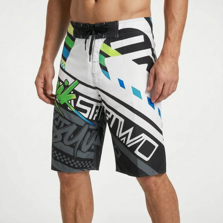 Active men's quick-dry boardshorts with a vibrant print. Perfect for swimming, beach, or poolside.