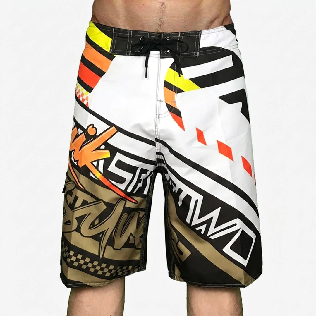Men's quick-dry printed swim shorts in a vibrant pattern, ideal for summer beachwear.