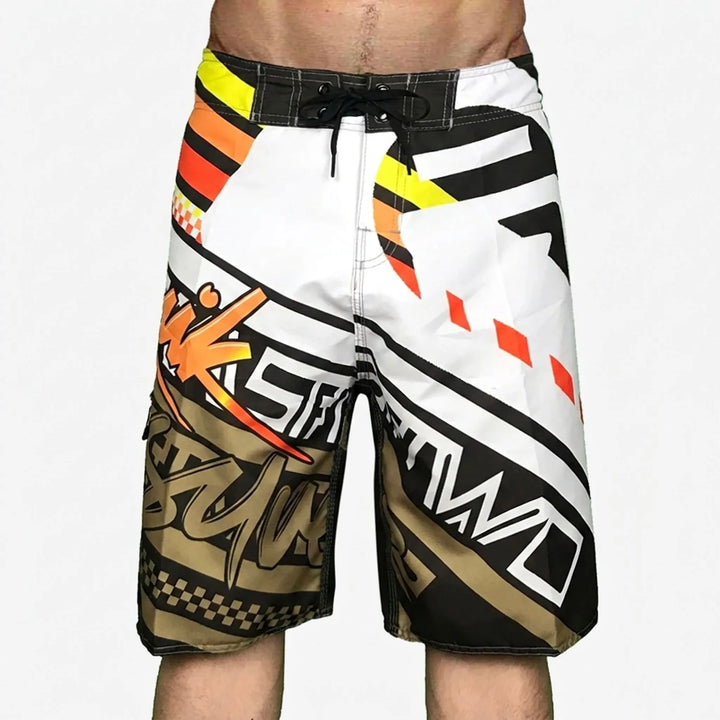 Men's quick-dry printed swim shorts in a vibrant pattern, ideal for summer beachwear.