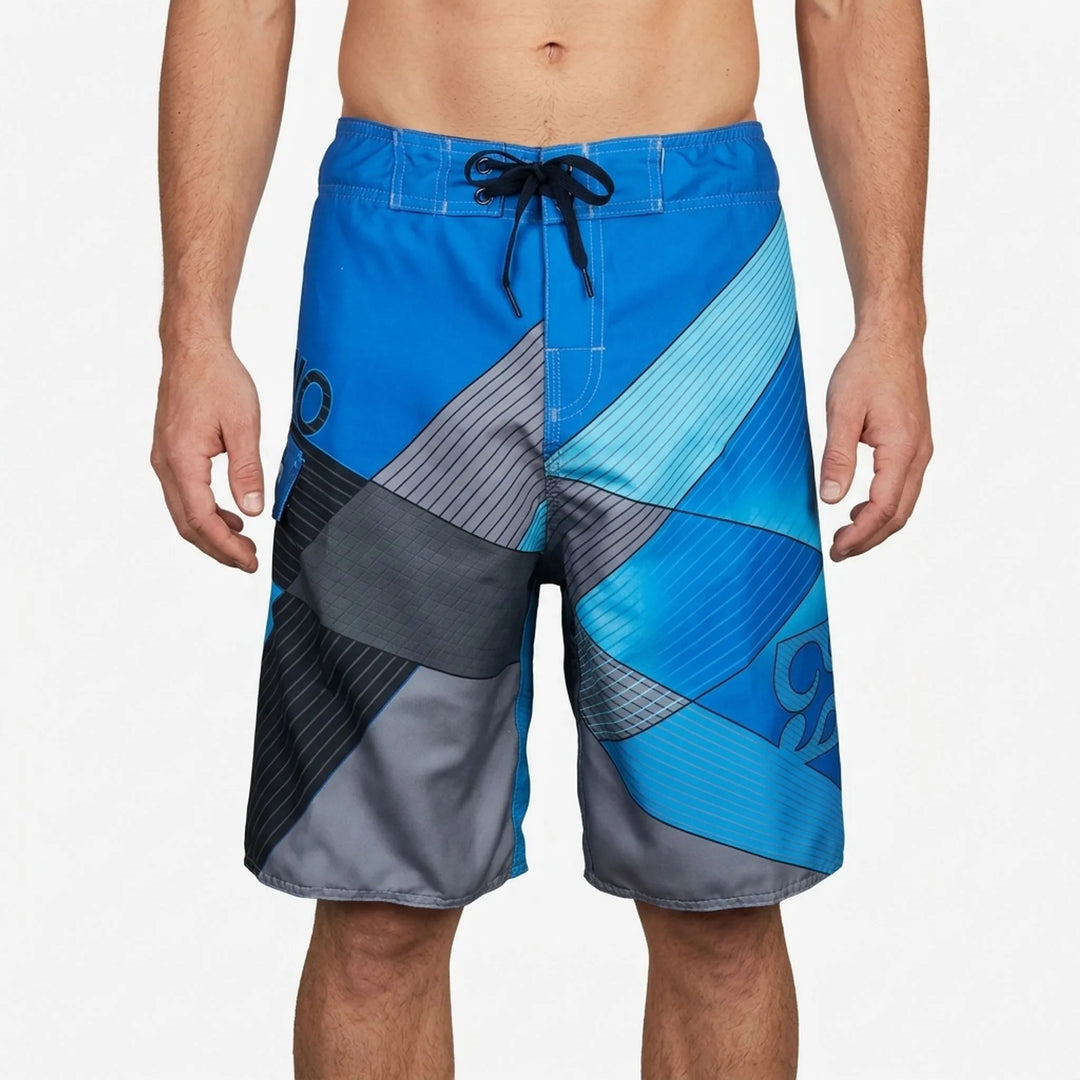 Colorful men's quick-dry printed swim shorts, a vibrant vacation essential for beach & pool.