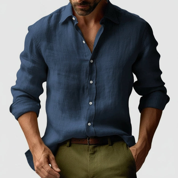 Men's casual vintage button-up long-sleeve shirt, ideal for smart-casual events & everyday comfort.