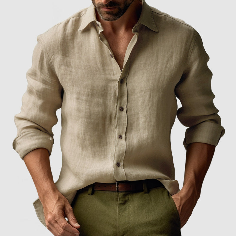 Modern vintage men's long-sleeve button-up shirt. Smart-casual top for various fashion events.