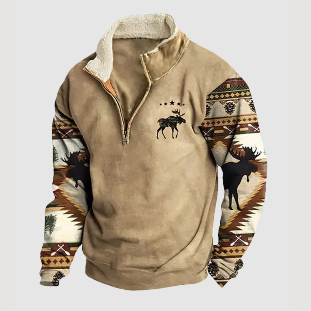 Men's vintage fleece zip-up jumper, warm winter casual outerwear.