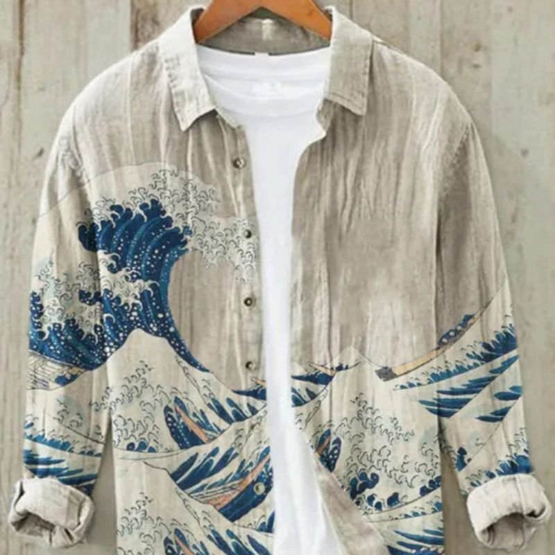 Men's vintage Japanese Great Wave art print button-up shirt. Stylish cultural fashion for unique summer style.