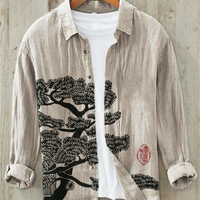 Vintage Japanese Great Wave art print men's shirt. Casual button-up with unique design for summer resort style.