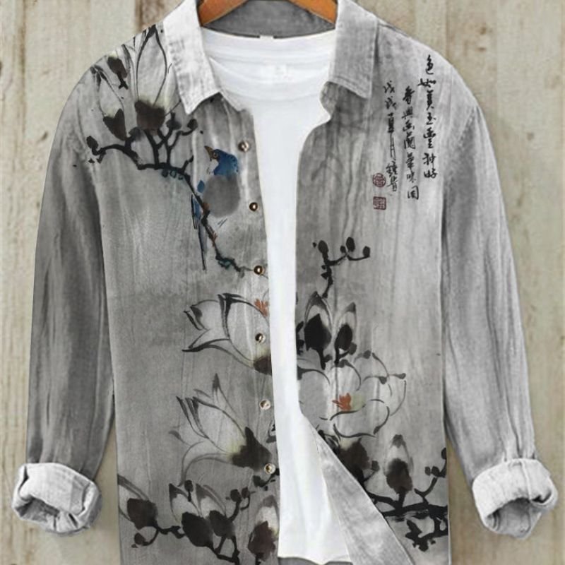 Men's art print shirt featuring Hokusai's Great Wave. Stylish, vintage Japanese cultural fashion button-up.