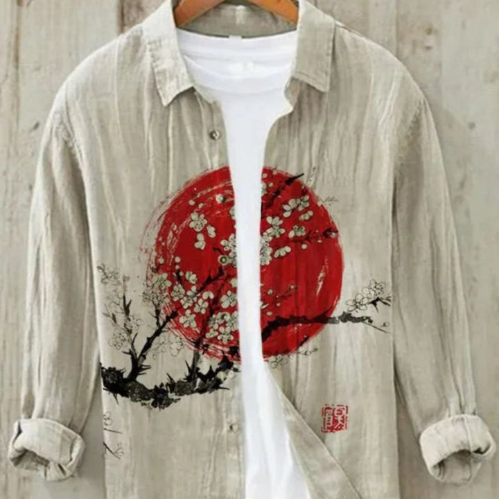 Casual men's shirt with Hokusai Great Wave art print. Vintage Japanese design, perfect for resort wear.