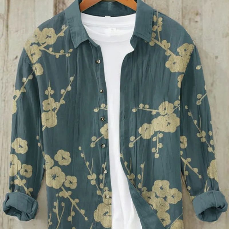 Vintage men's shirt with intricate Japanese Great Wave art print. A cultural fashion statement for men.