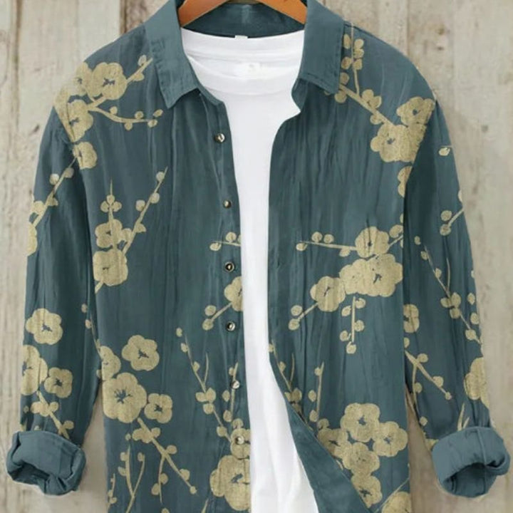 Vintage men's shirt with intricate Japanese Great Wave art print. A cultural fashion statement for men.
