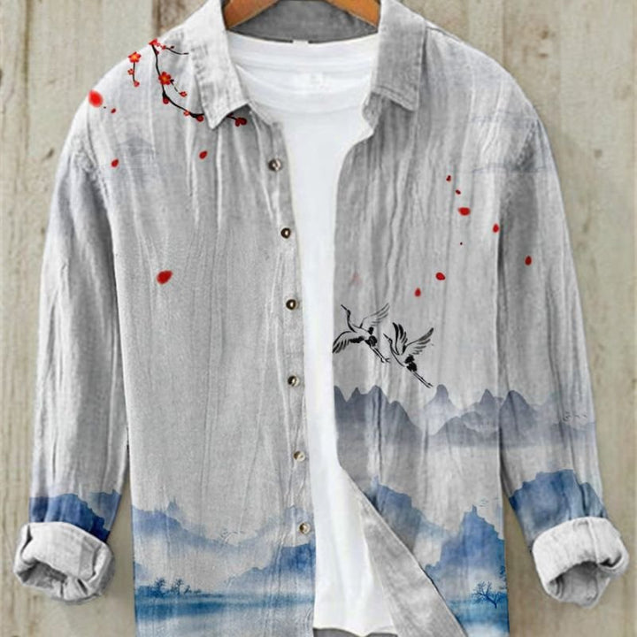 Art print men's short sleeve shirt, vintage Japanese Great Wave design. Perfect for casual resort fashion.
