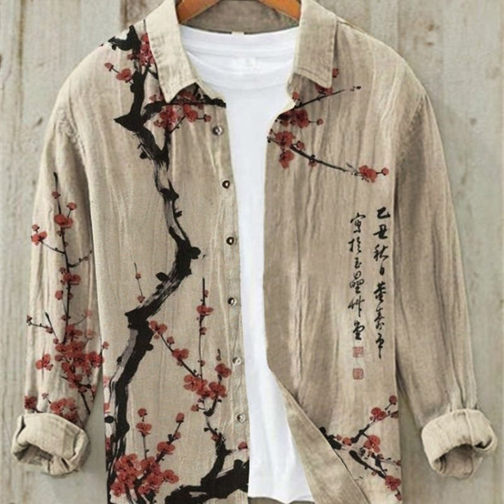 Unique men's casual shirt with a bold Japanese Great Wave art print. Vintage style button-up for summer.