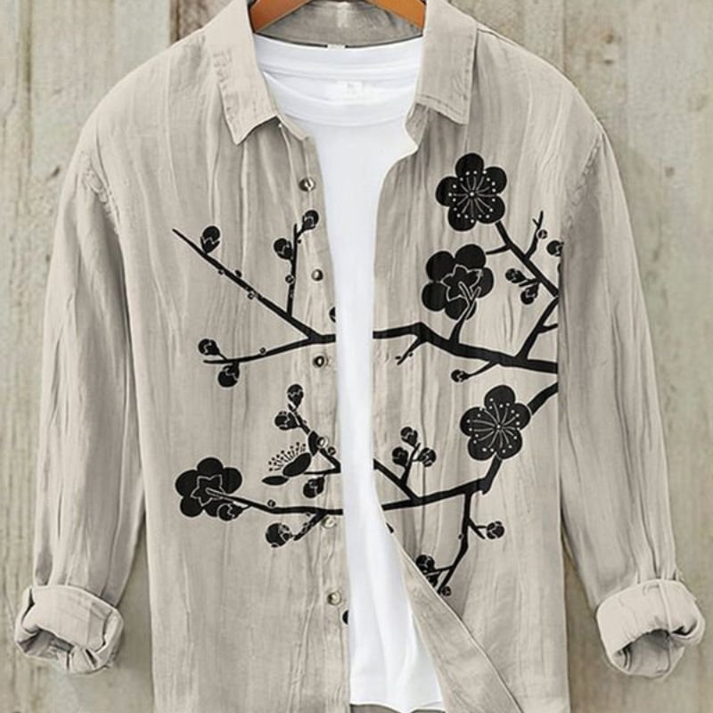 Men's long sleeve button-up shirt featuring a vintage Japanese Great Wave print. Cultural art for casual wear.