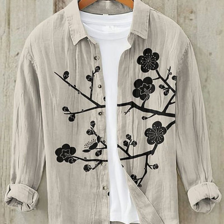 Men's long sleeve button-up shirt featuring a vintage Japanese Great Wave print. Cultural art for casual wear.