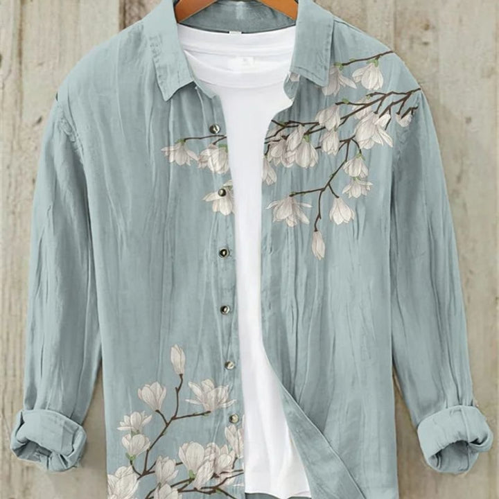Cultural fashion men's shirt with classic Japanese Great Wave art print. Stylish vintage button-up top.