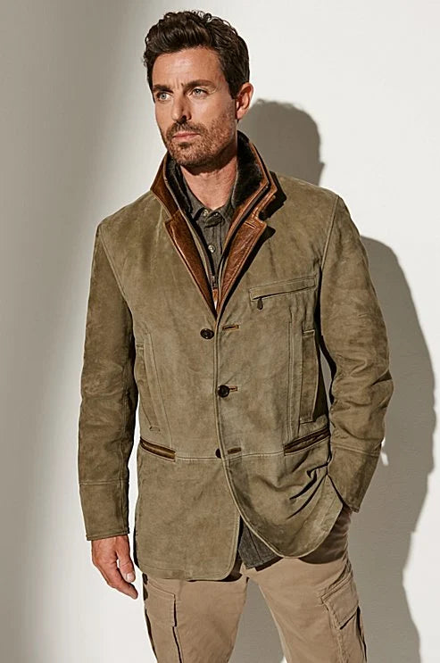 Men's vintage style jacket with unique reversed collar. Classic, tailored outerwear perfect for elegant smart casual looks.