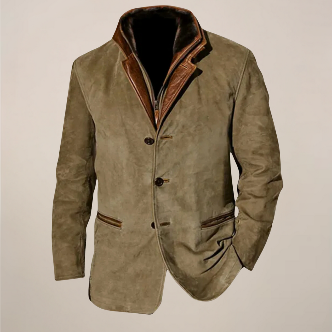 Elegant men's vintage jacket, tailored with a reversed collar. Versatile outerwear for sophisticated autumn smart casual fashion.