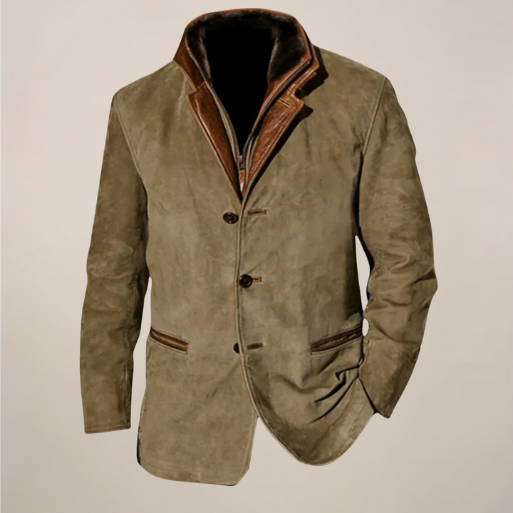 Elegant men's vintage jacket, tailored with a reversed collar. Versatile outerwear for sophisticated autumn smart casual fashion.