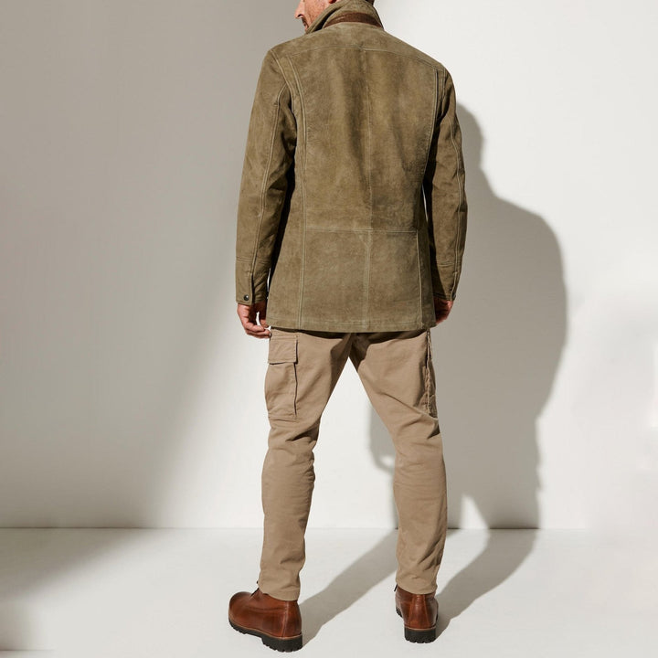 Sophisticated men's classic jacket, vintage-inspired with a distinctive reversed collar. Tailored for timeless elegant wear.