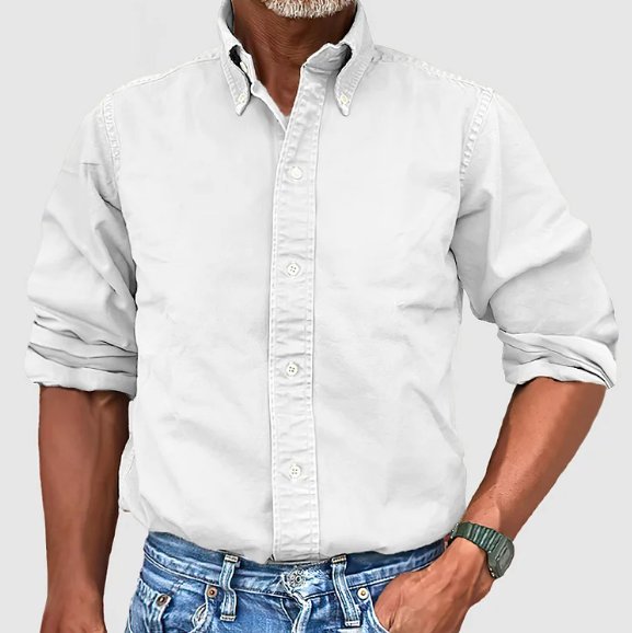 Men's Vintage Wash Button Down Shirt. Relaxed fit, long sleeve for casual comfort.