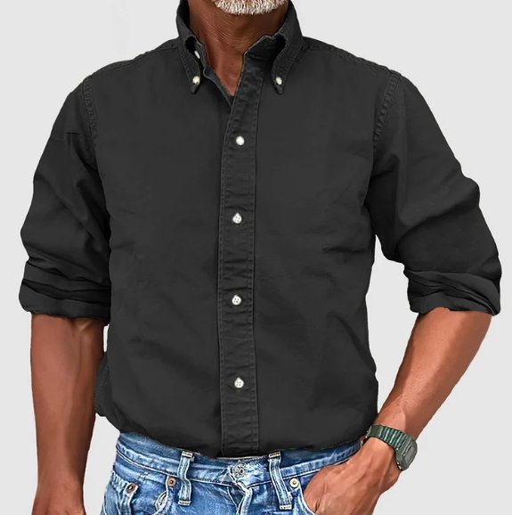 Comfortable men's long sleeve button-down shirt with vintage wash, perfect for casual everyday wear.